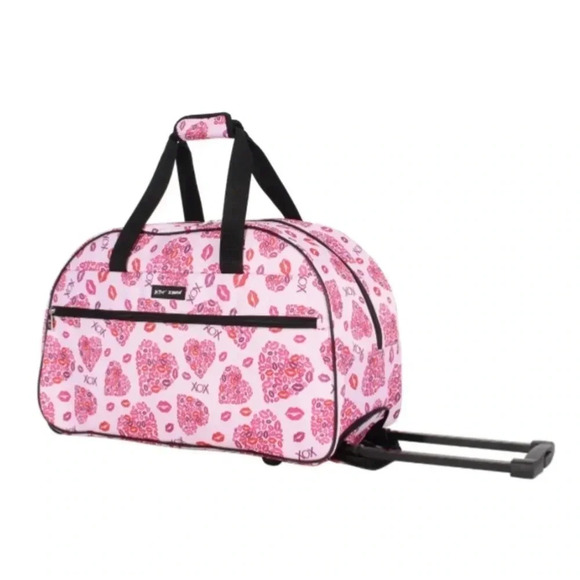 Betsey Johnson Rolling Suitcase Duffle Bag Lips XOX Hearts Pink NWT - Picture 1 of 10